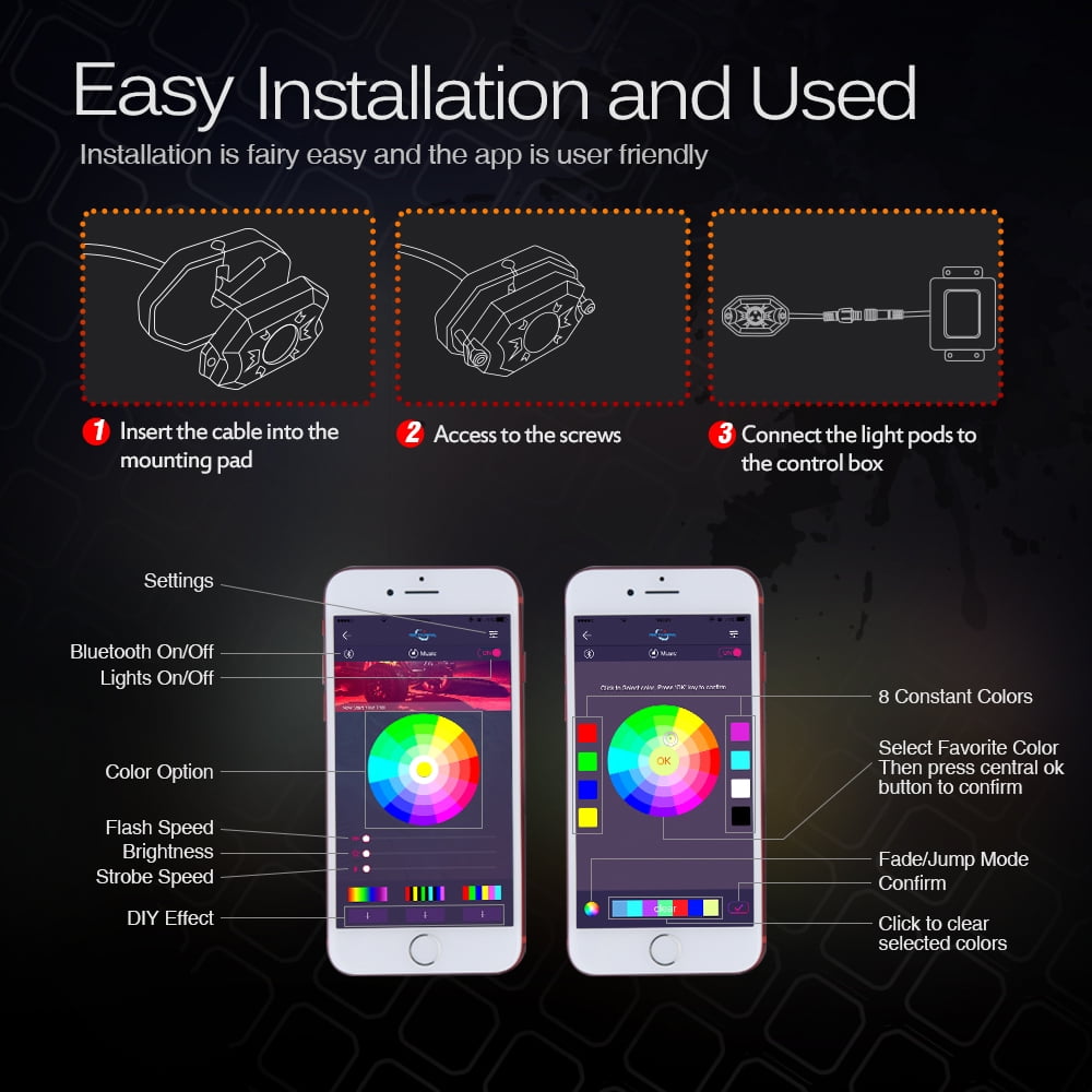 MICTUNING 8 Pods 2nd-Gen RGB LED Rock Light Kit with Bluetooth Controller  Timing Funtion Music Mode - Walmart.com