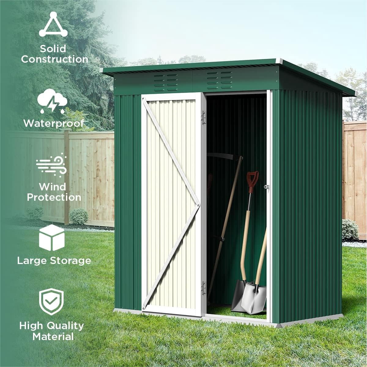5x3 FT Metal Outdoor Storage Shed with Lockable Door and Sloped Roof – Weather-Resistant Garden Shed for Backyard, Patio, Lawn, Green
