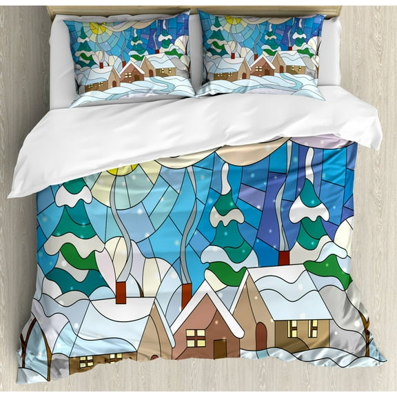Winter Duvet Cover Set King Size, Stained Glass Inspired Art with Cold Snowy Weather Village with Smoking Chimneys, 3 Piece Bedding Set with 2 Pillow Shams, Multicolor, by Ambesonne