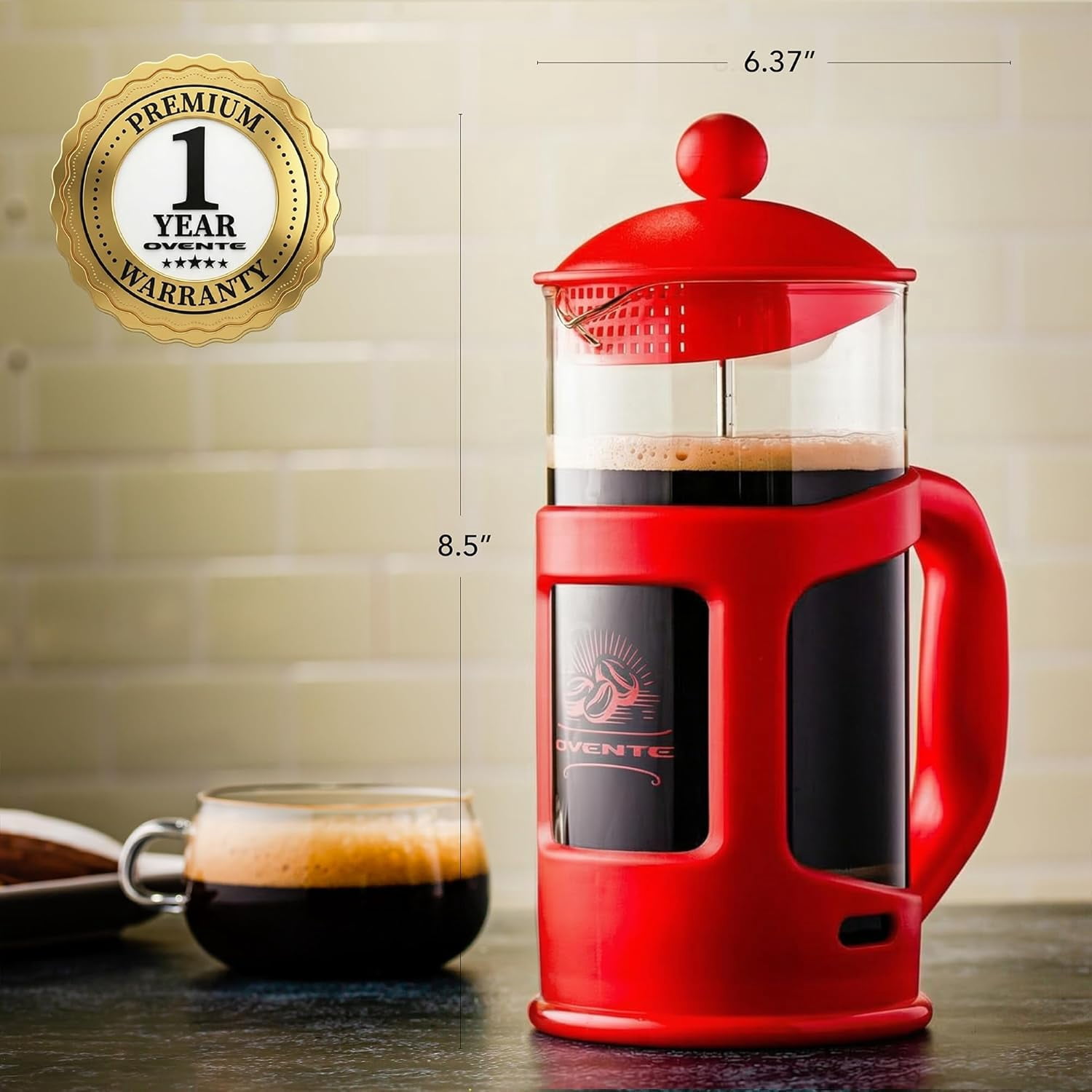 OVENTE French Press Coffee Maker 34 Ounce with Heat Resistant Borosilicate Glass & Stainless Steel 4-Level Filtration System, Portable Cold Brew Coffee Maker for Travel, Camping or Gift, Red FPT34R