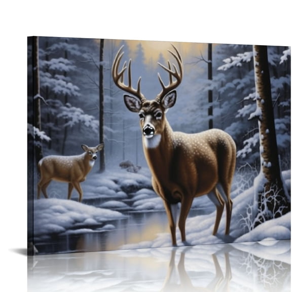 COMIO Blue Vintage Animal Deer Pictures Home Decor Winter Wolf Wildlife Canvas Printed Painting Wall Art for Living Dining Room Decorations Modern
