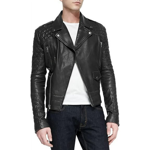 Men's Genuine Black Lambskin Quilted Leather Jacket Slim fit Biker Motorcycle jacket A844