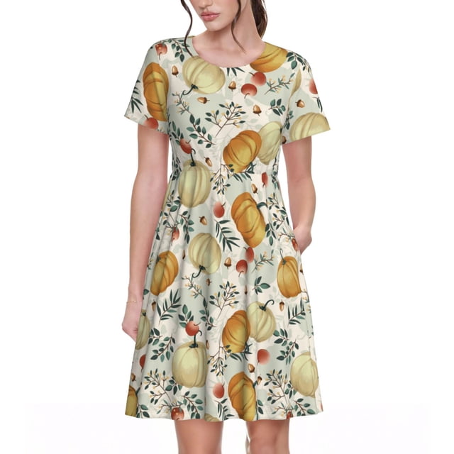 Fotbe Autumn Pumpkins Leaves Vestido Largo de Moda para Mujer, Vestido Tipo Camiseta con Manga Corta y Estilo Casual a Rayas y Bloques de Color