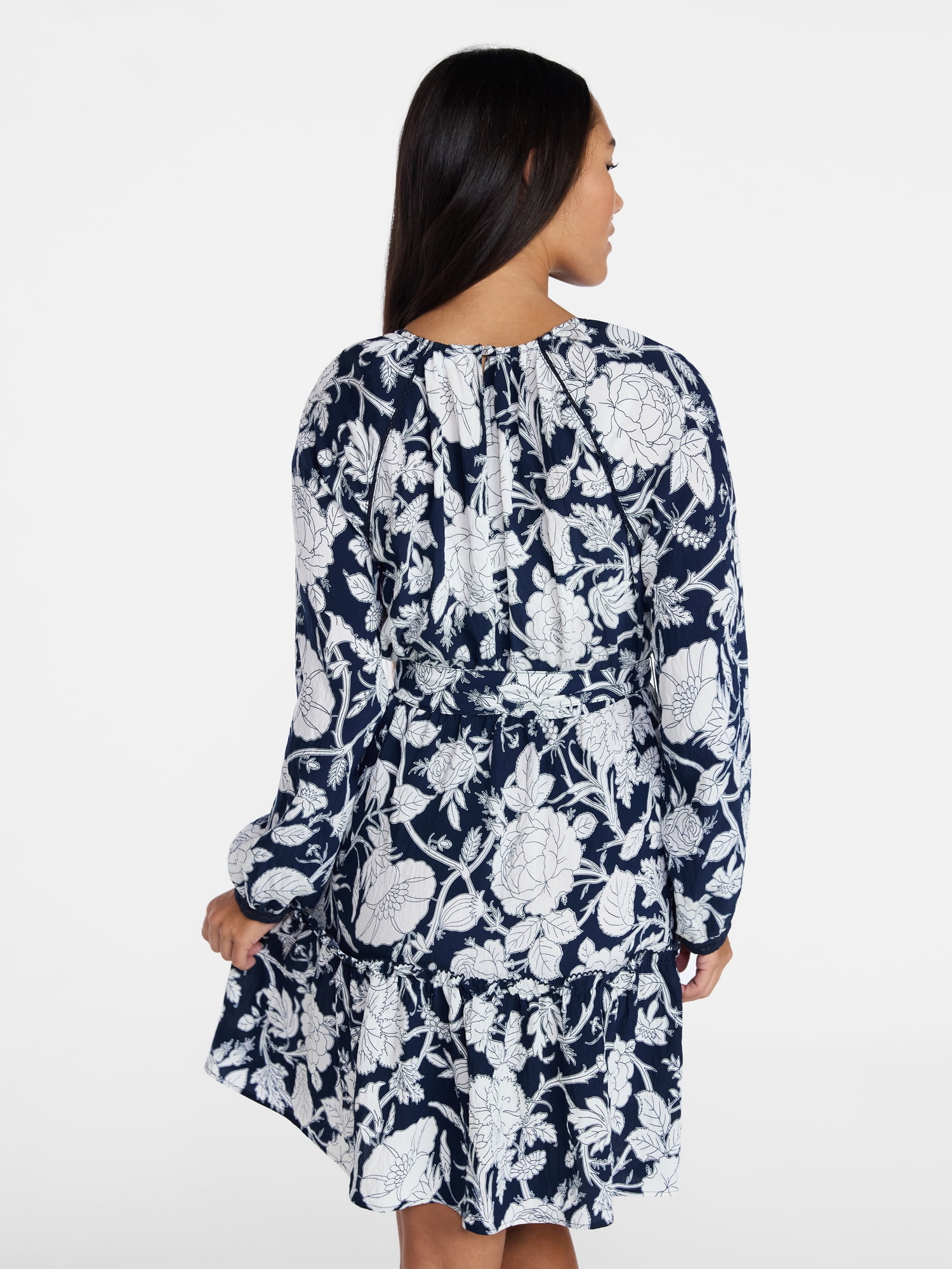 Time and Tru Women's Lace Trimmed Mini Dress with Long Sleeves, Sizes XS – XXXL