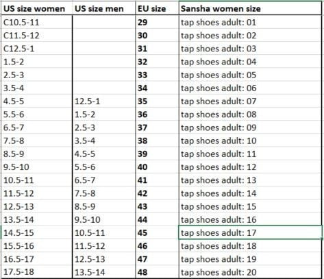 Sansha Ballet Shoes Size Chart