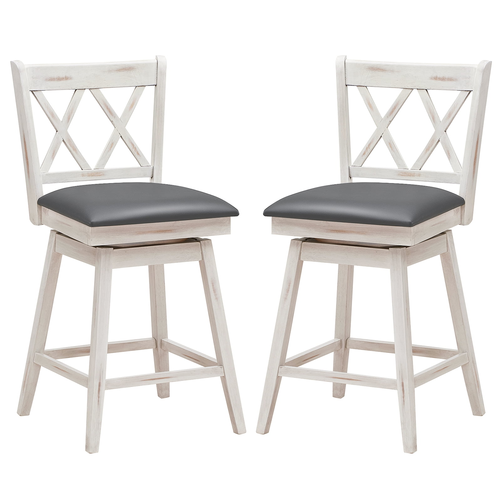 Costway 24" Bar Stools Set of 2 with Ergonomic Backrest Rubber Wood Legs Swivel Height Chairs Antique White, Gray