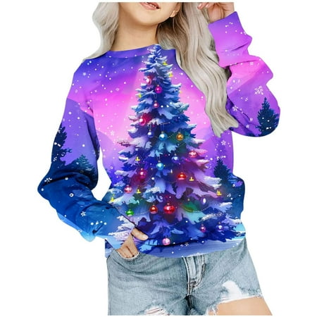 

Meresysid Toddler Kids Long Sleeve Christmas Children s Shirt Pattern T-shirt Printed Round Neck Short Top Suitable Blue