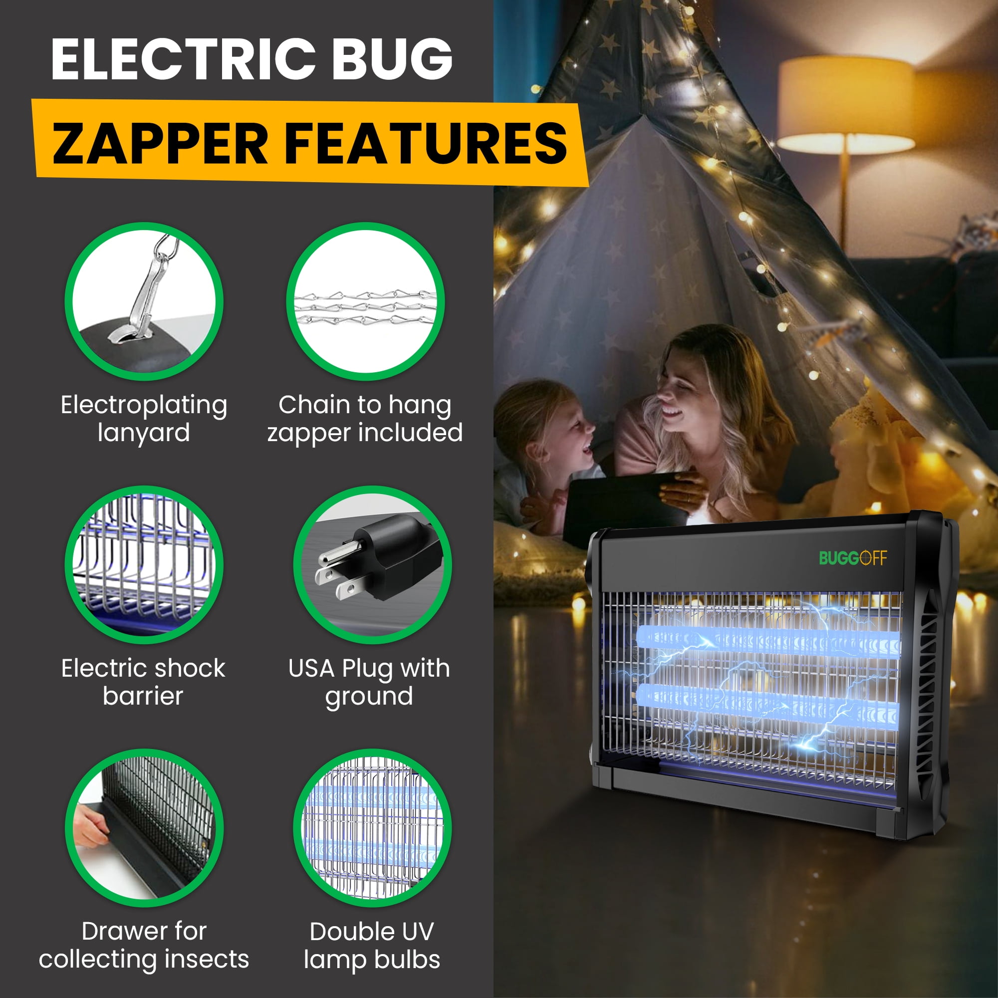 BUGGOFF Indoor Electric Bug Zapper, 2000 SQFT Coverage, 3500 Volts of Stunning Power, 40 Watts, Kills Mosquitos Gnats, Flys & More. 10 Year Warranty, X2 Free Replacement Bulbs