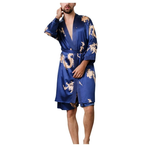 FAVIPT Men's Sports Suit Mens Imitation Silk nightgown Robes Print Kimono Imitation Silk Sexy Thin Short-sleeved Luxury Bathrobe