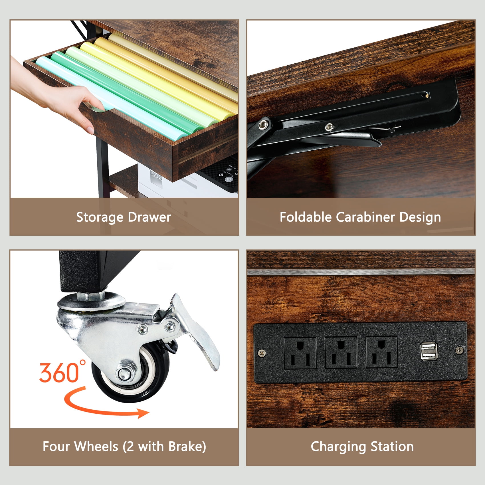 TC-HOMENY Foldable Heat Press Machine Stand w/ Charging Station, Mobile Heat Printer Cart w/ 3-Tier Storage & Drawer, Movable Heat Transfer Machine Workbench, Wooden