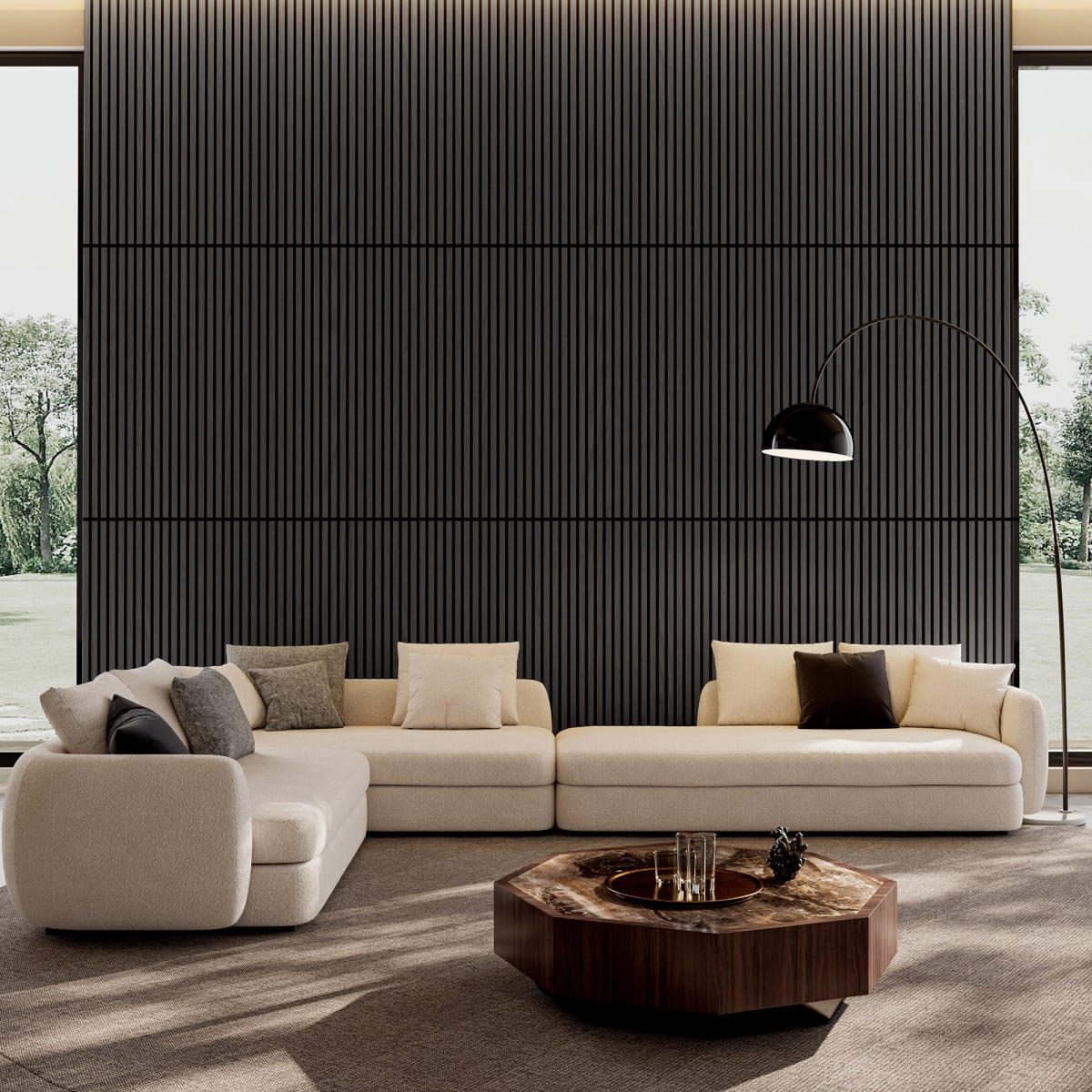 2PC 45.27''X23.62'' 3D Fluted Wood Slat Acoustic Panels Sound Absorbing Wall Ceiling Panels Three Sides Fully Wrapped Wood Finish