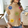 thumbnail image 2 of Sweater Vest for Women Trendy Flowers Ribbed Turtleneck Loose Knit Pullover Outerwear with Side Buttons (One Size, Khaki), 2 of 6