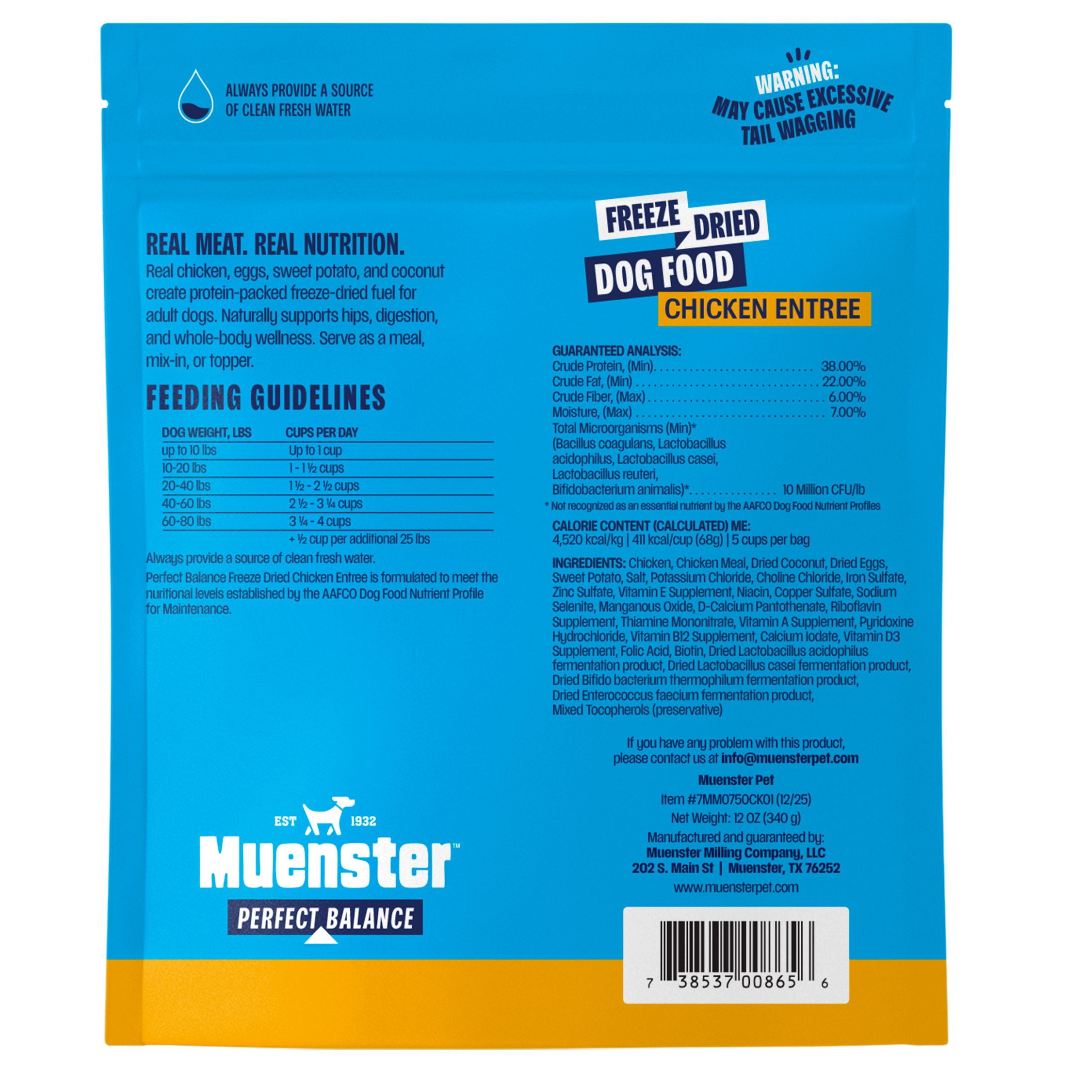 (6 pack) Muenster Perfect Balance Chicken Bites Freeze-Dried Dog Food, for All Life Stages, use as a Meal, Meal Topper or Training Treat, 12 oz Pouch