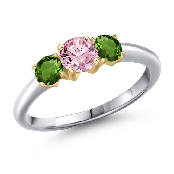 Gem Stone King 10K Two Tone Gold Pink Lab Grown Diamond and Green Tourmaline Engagement Ring for Women | 1.00 Cttw | Round 5MM | Gemstone April Birthstone | Size 8