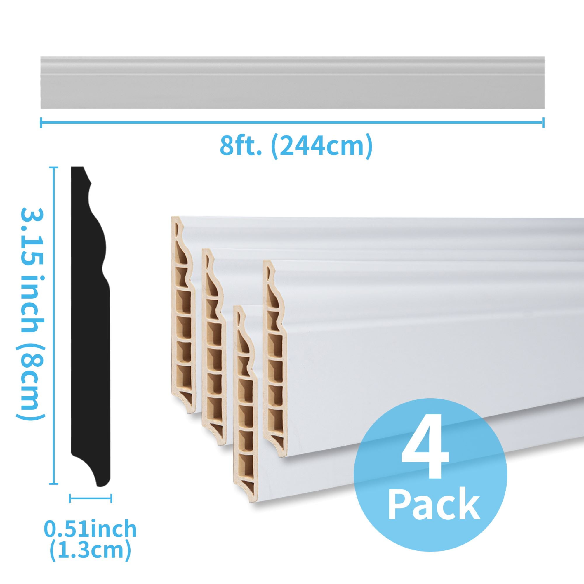 Art3d 96'' x 3.15'' Wall Baseboard Molding Trim,High Impact Polystyrene Skirting Board,Set of 4,White