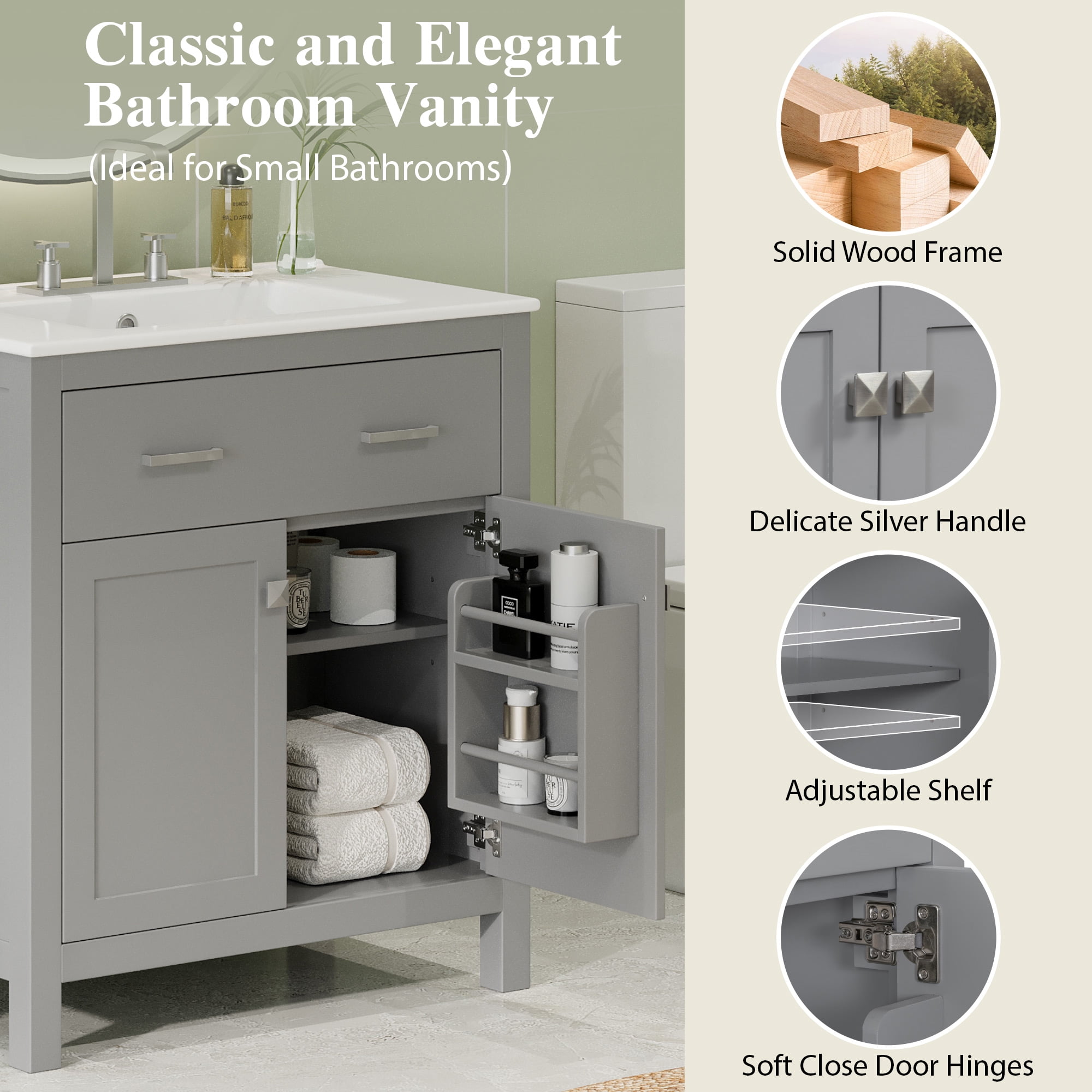 Euroco 30" Bathroom Vanity with Ceramic Sink – Solid Wood Frame, Soft-Close Doors, U-Shaped Adjustable Shelf,Compact Storage Cabinet for Small Bathrooms