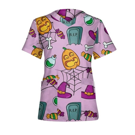 

Women Scrub_Top Working Uniform Blouse Short Sleeve V-Neck Workwear T-Shirt with Pocket Comfy Tops S