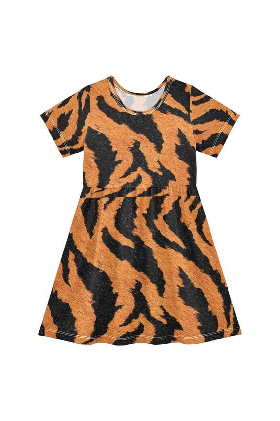 Toddler Girls Short Sleeve Summer Dress, Cute Casual Print Dress for Girls 2-8 Years, Soft Breathable Comfortable Daily Beach Party Dress Plush Tiger Stripe Pattern