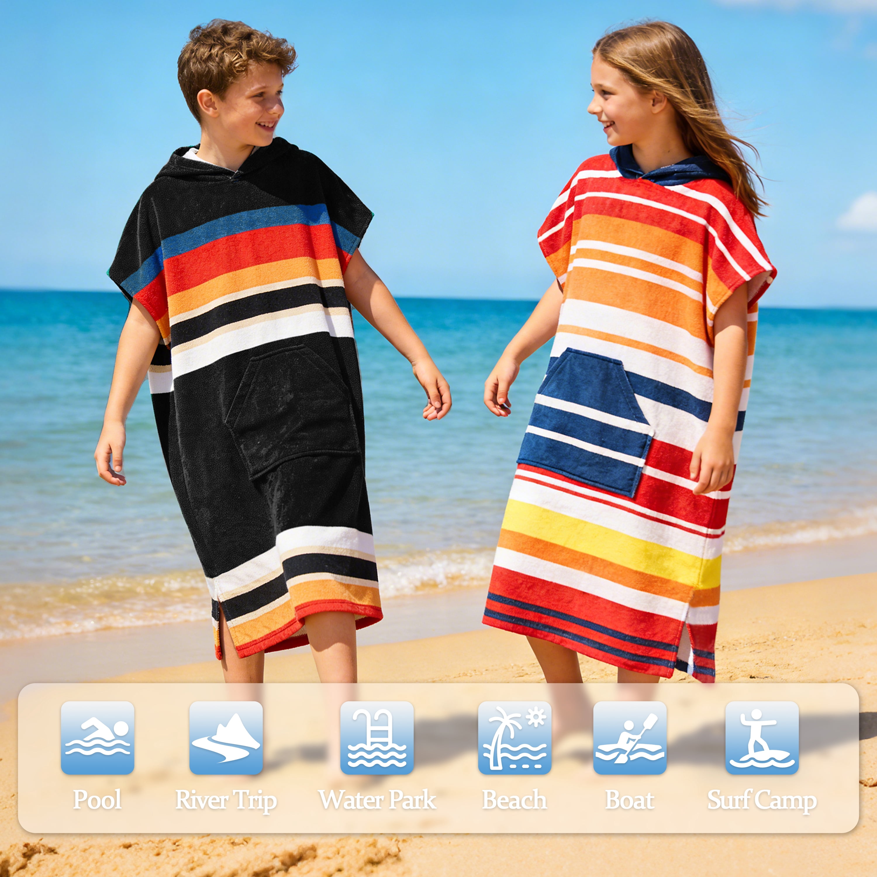 Catalonia Kids Hooded Poncho Towel, 100% Cotton Absorbent Changing Robe for the Beach, Pool, and Bath, Cute Gifts for Childrens (Boys and Girls), Black Stripe