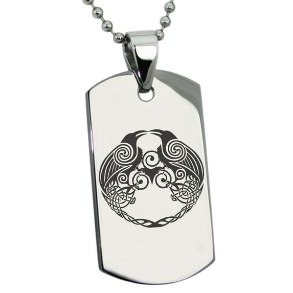 Stainless Steel Yggdrasil Huginn & Muninn Odin's Ravens Engraved Dog Tag Pendant Necklace