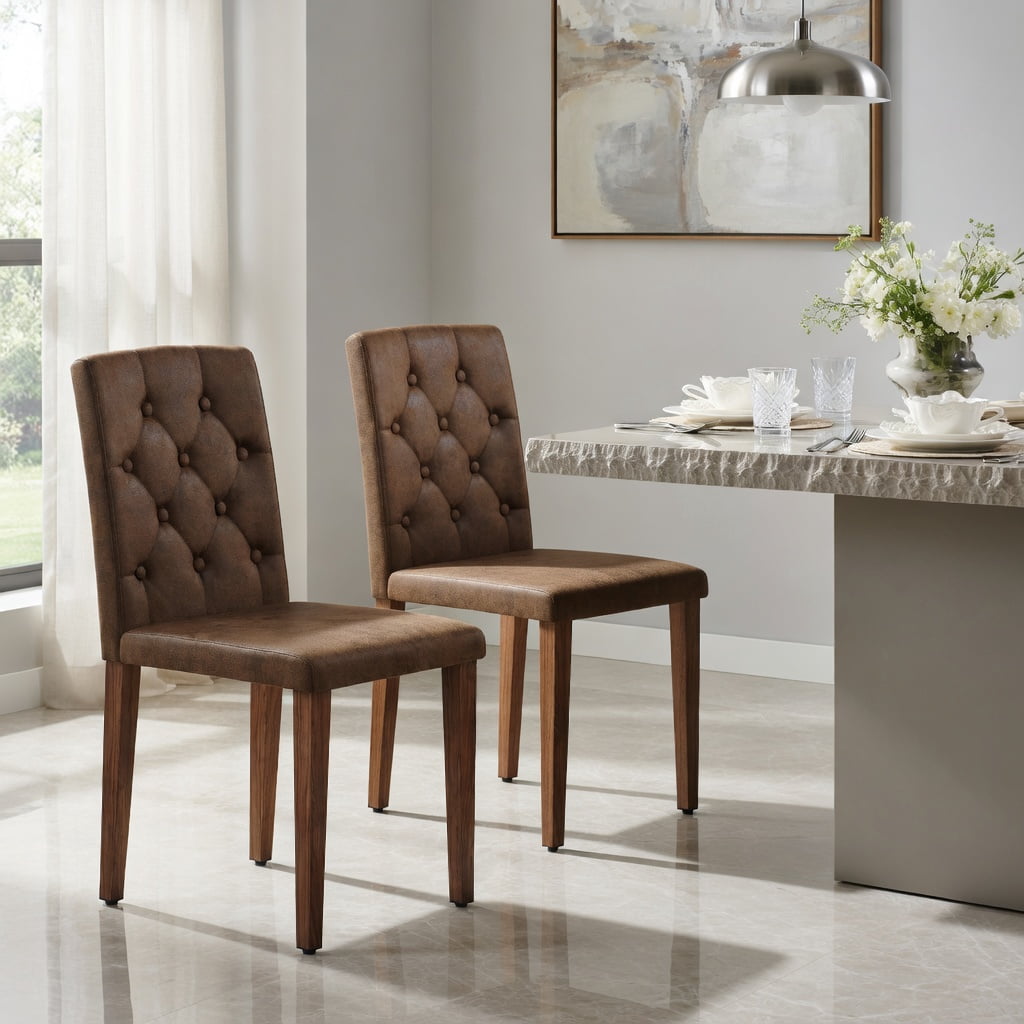 Hommoo 2-Pack Tech Fabric Dining Chairs with Ergonomic Buckle Backrest, Walnut Metal Legs, 35-inch Height, Modern Restaurant & Home Dining Seating, Brown