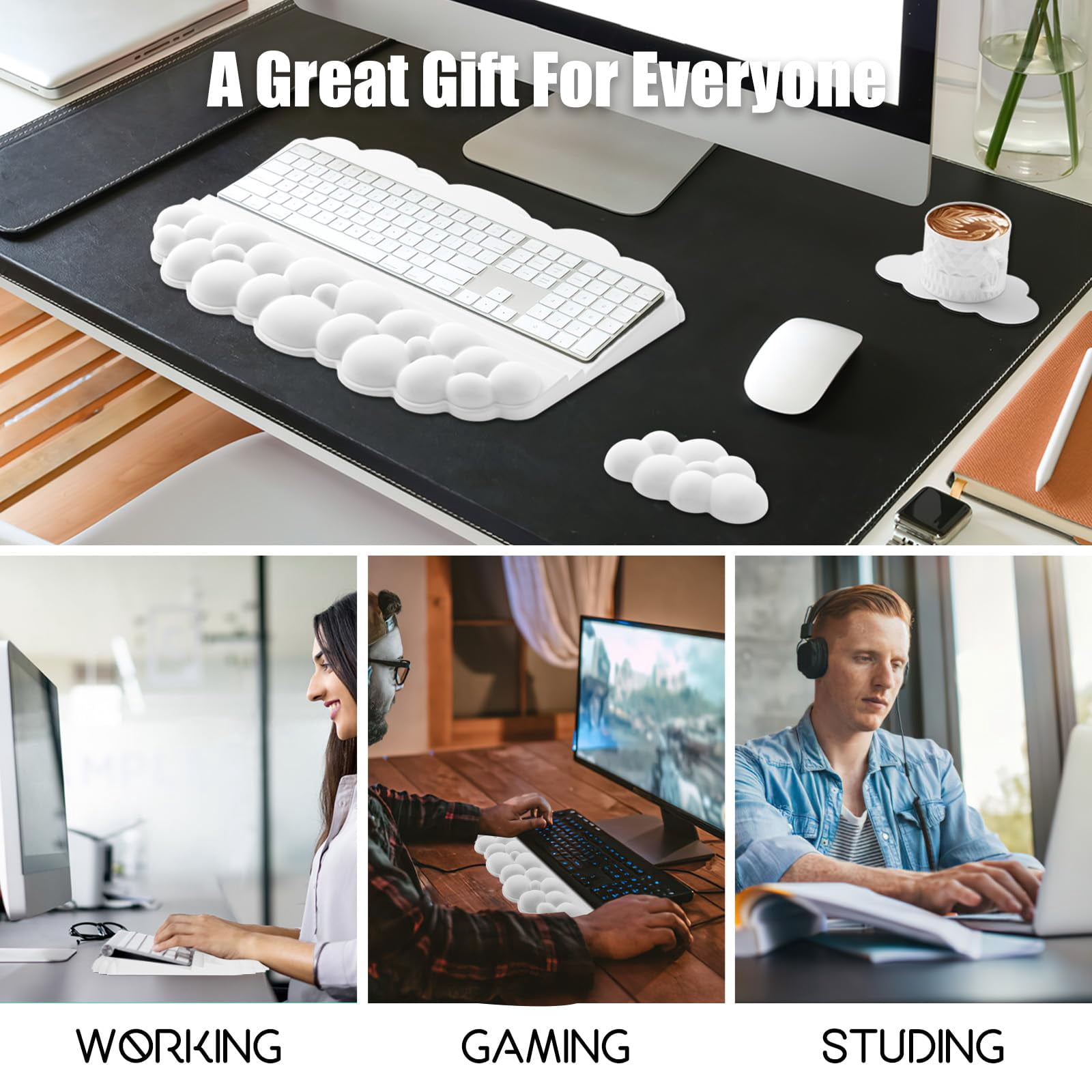 Wrist Rest For And Mouse  Soft Memory Foam Cloud Stand Pad With Set Easy Typing Comfort Office Work Gaming - White