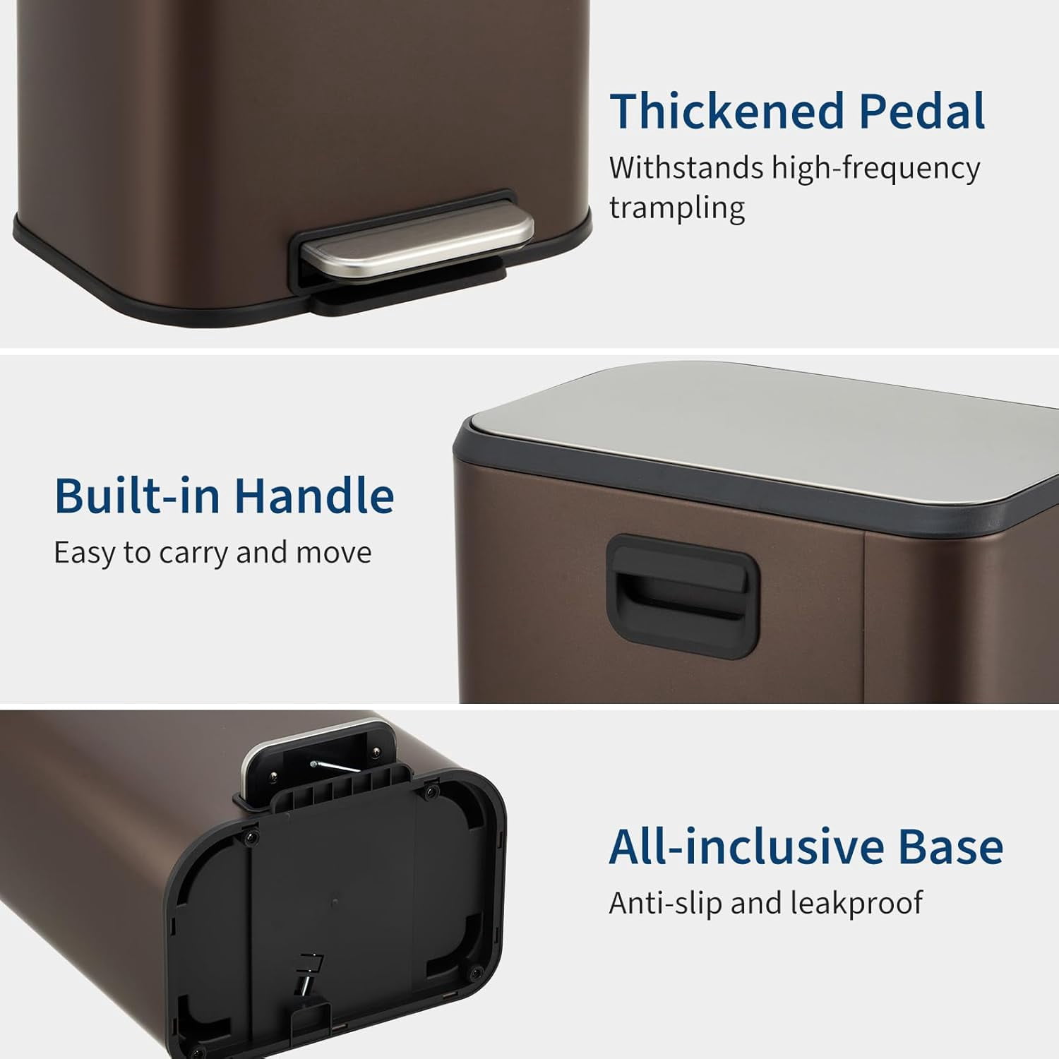 Bathroom Trash Can, 3.2 gal Stainless Steel Garbage Can with Lid, Rectangular Small Step Waste Bin with Foot Pedal & Removable Inner Bucket for Kitchen Bedroom Restroom (Matte Brown)