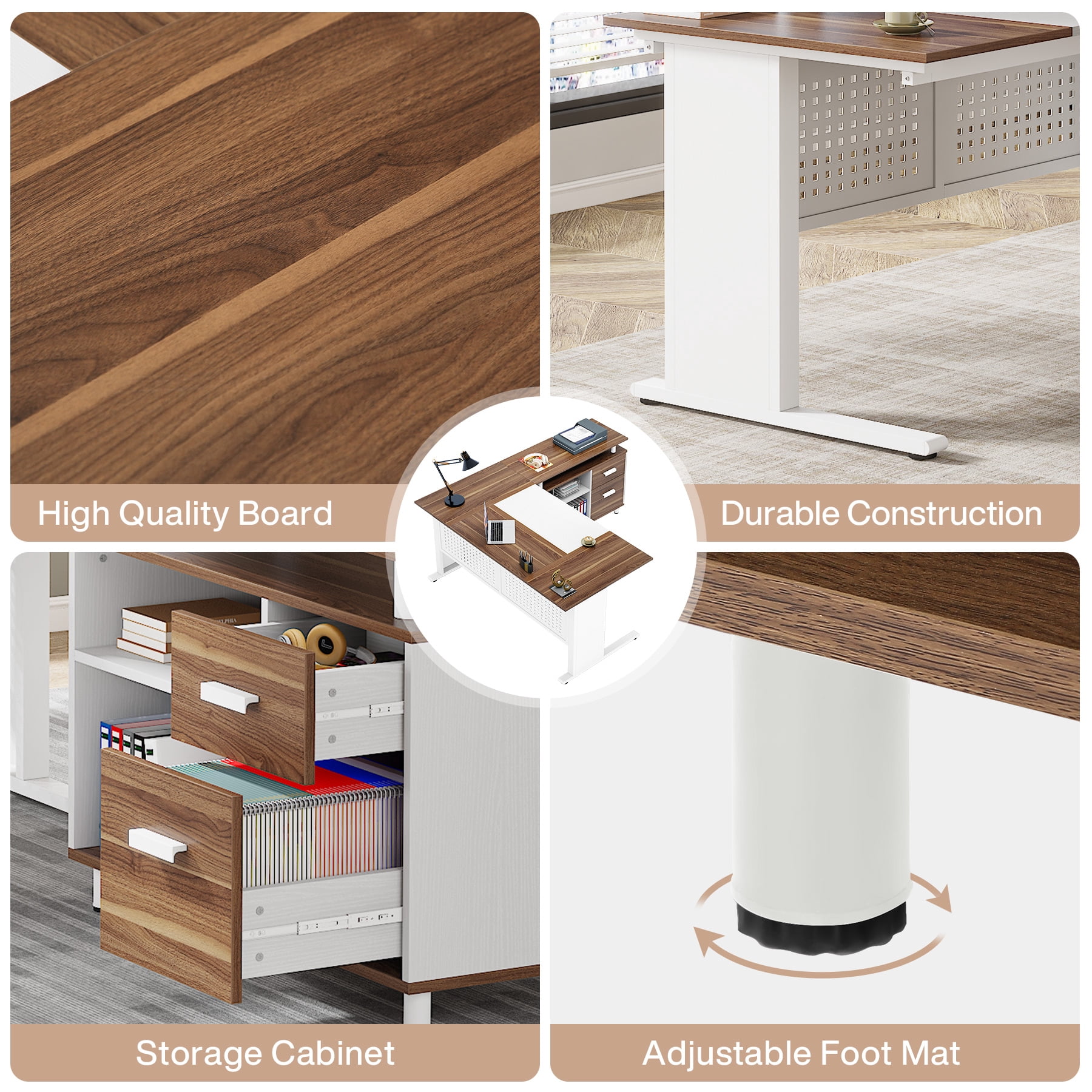 Tribesigns 63 Inch Executive Desk with File Cabinet, L Shaped Computer Desk with Drawers and Storage Shelves, Large Office Desk Business Furniture Desk Workstation for Home Office, Walnut and White
