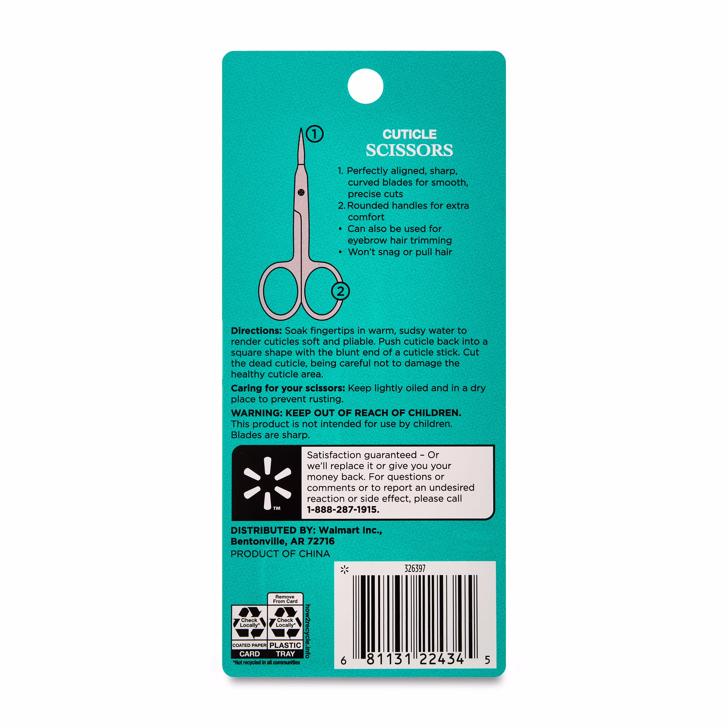 Equate Precision Metal Cuticle Scissors, Curved Sharp Blades for Nail and Eyebrow Trimming, 1 Count