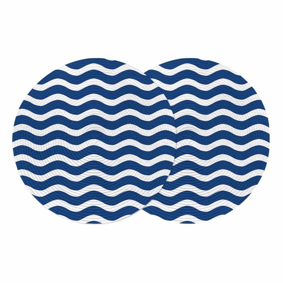 Navy Blue White Round 13 Inch Placemats Set of 2, Abstract Waves Water Ripple Striped HeatResistant Non Slip Place Mats for Dining Table, Wipeable Braided Kitchen Table Mats for Housewarming