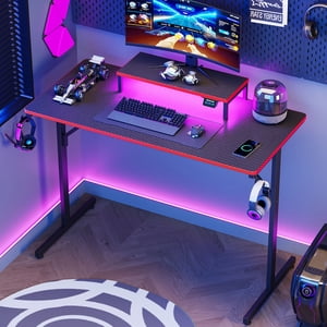 RSPGAME 39" Gaming Desk with LED Lights and Monitor Stand, Red