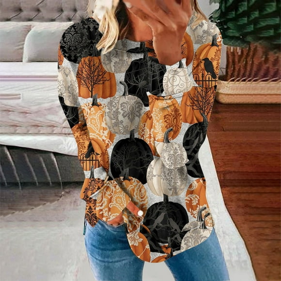 Fashion Hoodies for Women 2023 Fashion Printed Loose T-shirt Long Sleeves Blouse Round Neck Casual Tops Sweatshirt 50% Off Clearance Halloween/Christmas Costumes