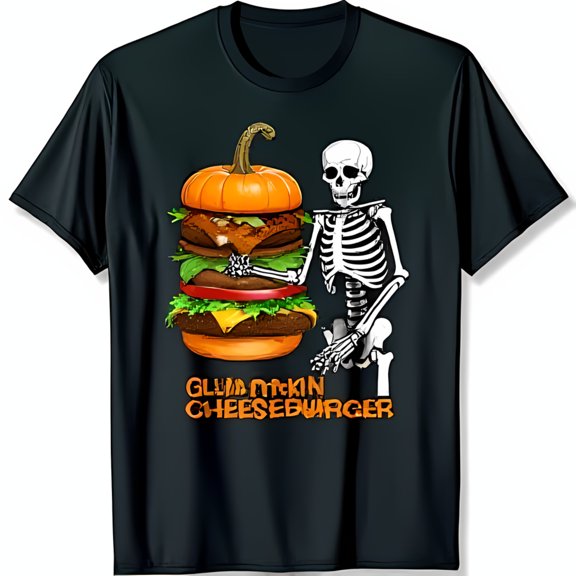 Funny Skeleton with Pumpkin Cheeseburger Graphic Black T-Shirt for Halloween