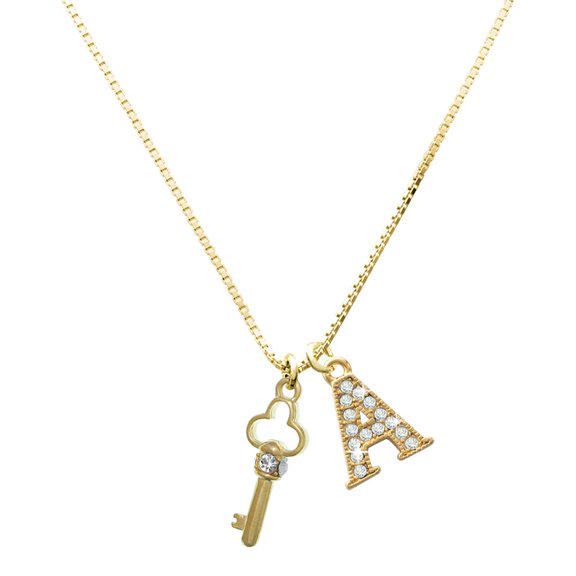 Delight Jewelry Gold-tone Trefoil Key with Crystals - Large Goldtone Crystal Initial - A - Charm Necklace, 17.5" 2"