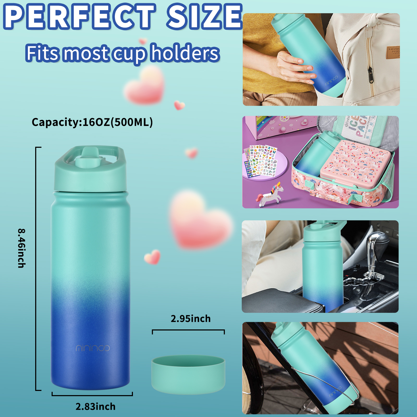 mininoo Kids Water Bottle for School, 16oz Stainless Steel Insulated Water Bottle Kids with Straw Lid for Girls, Boys