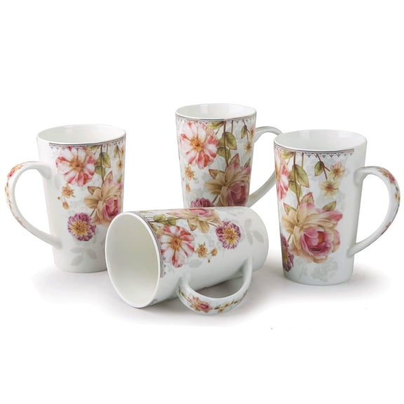 Elegant Stylish Porcelain Mugs Durable Drinks Serving Ware for Indoor Outdoor Use - Tall Mugs, Rose Floral, Set of 4, 13 oz.