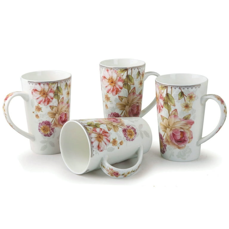 Mastercraft Stoneware Japan Floral Flat Cup Coffee Mugs | 8 oz | Set of 4