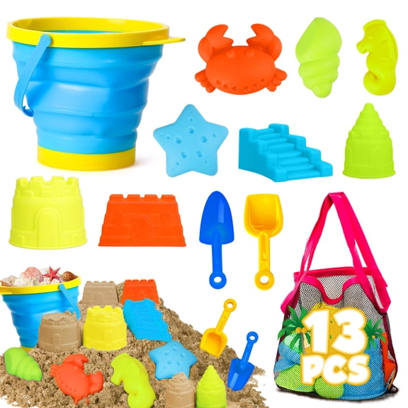 TOY Life Collapsible Beach Toys for Toddler Kid, Sand Toys for Children with Foldable Sand Bucket, Sandbox Toys with Shovels and Castle Molds, Summer Travel Beach Playset for Age 3-4-5-6-8-10