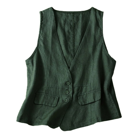 GEWSEY Womens Linen Vest Casual Sleeveless V-Neck Blazer Cardigans Lightweight Jacket Waistcoat (Green, XL)