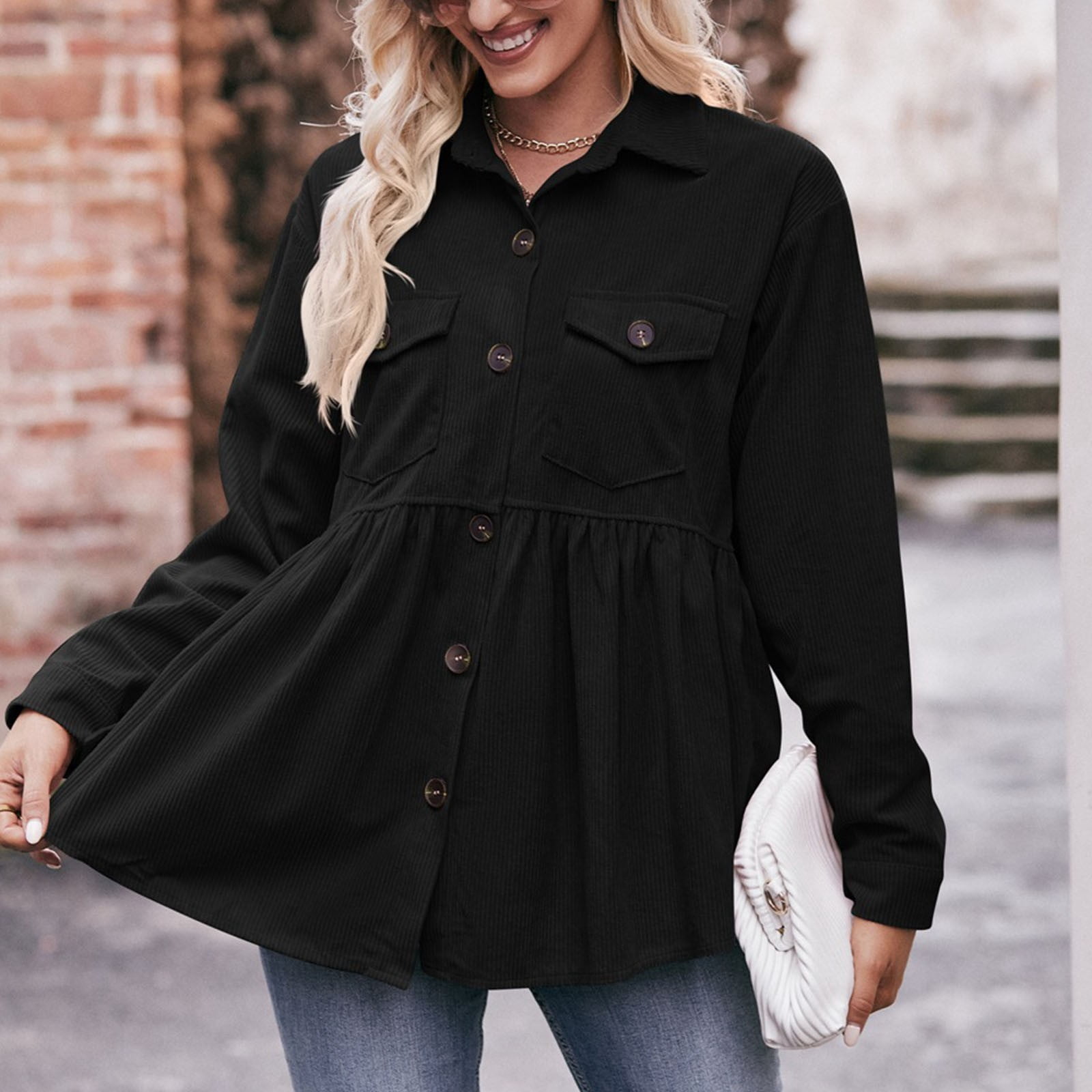 Women Corduroy Peplum Shacket Jacket Long Sleeve Button Down Babydoll Shirts Oversized Casual Collared Blouses Tops Black M