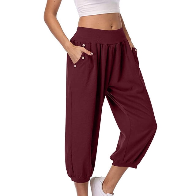 Timegard Womens Capri Pants Elastic High Waist Button Comfy Solid Color Casual Crop Pants with Pockets