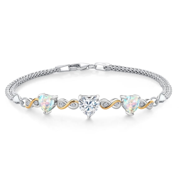 925 Silver and 10K Yellow Gold White Moissanite and Simulated White Opal and Lab Grown Diamond Bracelet for Women | 2.95 Cttw | Gemstone Birthstone | Heart Shape 7MM | 6.5/7/7.5 inch, Made in Italy