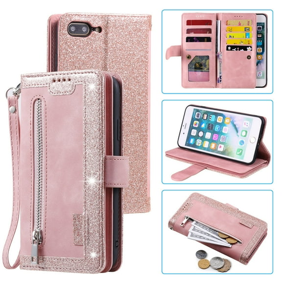 Dteck Wallet Case For iPhone 7 Plus / 8 Plus, Matte PU Leather Case Built-in 9 Card Slots Zipper Purse Flip Cover With Hand Strap, Rosegold