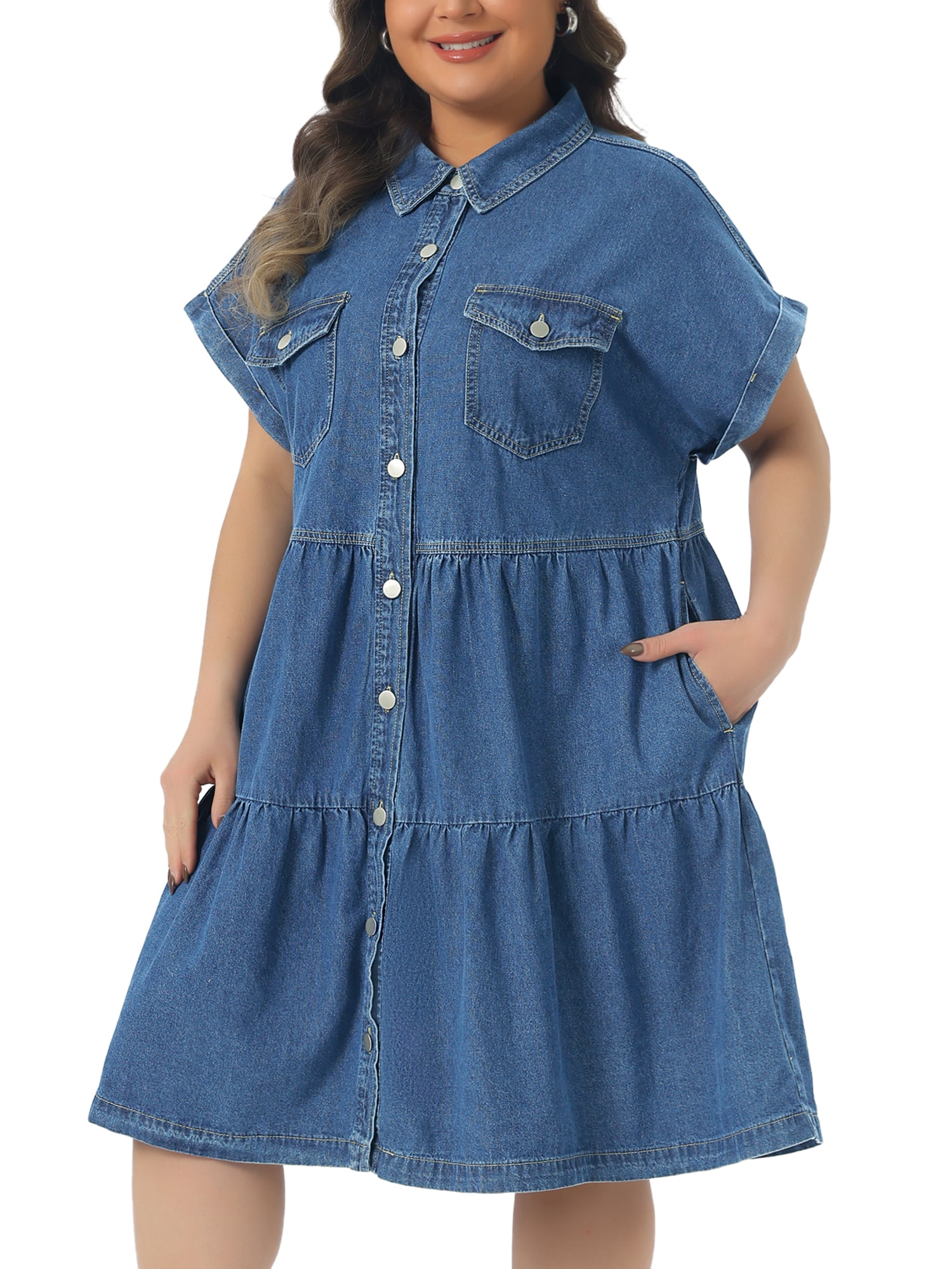 DARING DIVA Women's Plus Denim Babydoll Button Down Short Dress 4X Blue