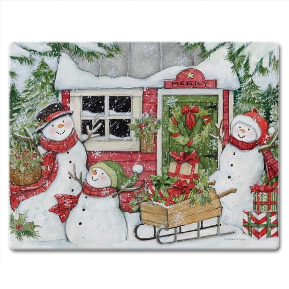 CounterArt "Snowman's Farmhouse" 3mm Tempered Glass Cutting Board 10" by 8"