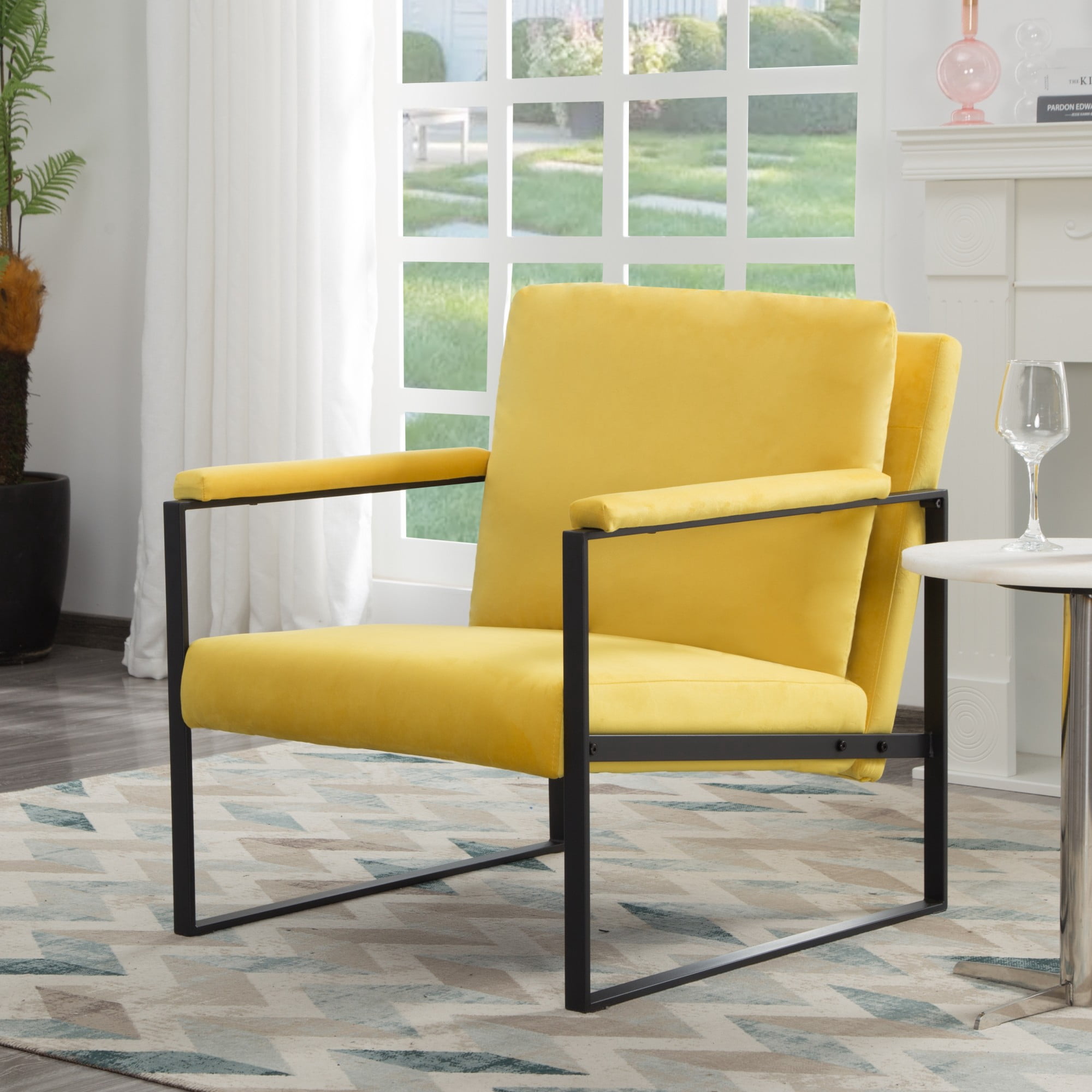 Gewnee 26.8" Accent Armchair, Velvet Metal Frame Chair with Square Arms for Living Room, Yellow