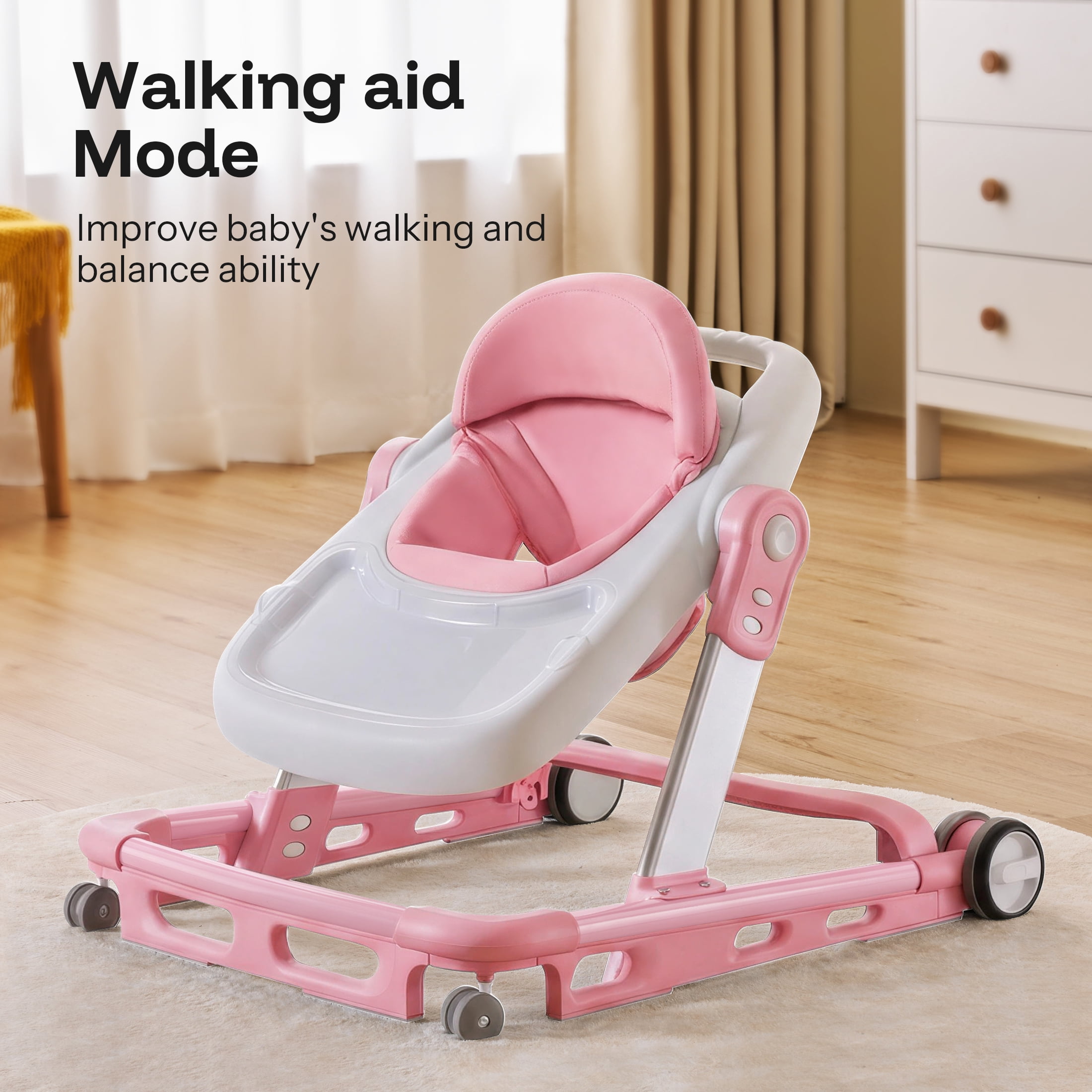 HARPPA Baby Walker for Babies 6-18 Months, Anti-Rollover, Seat and Height Adjustable, Pink