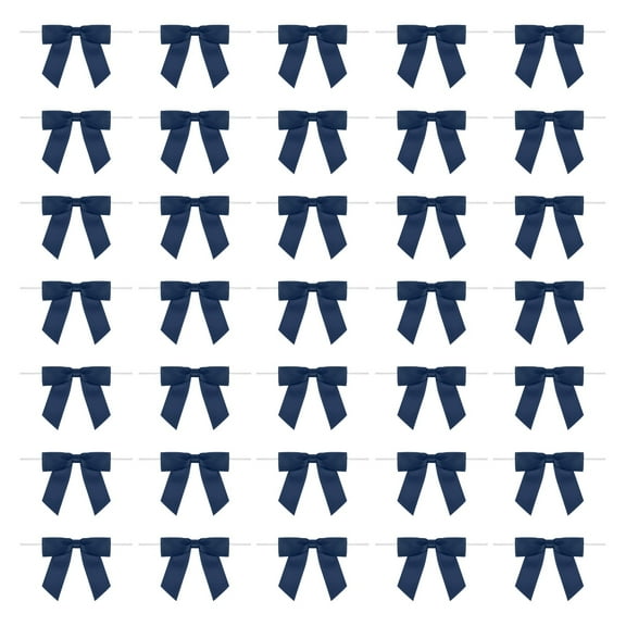 50Pcs Twist Tie Bow 3.5"  Pre-Tie Gift Bows Mini Fabric Satin Ribbon for Treat Bags Craft DIY Flower Sewing Wedding Birthday Party (Navy Blue)