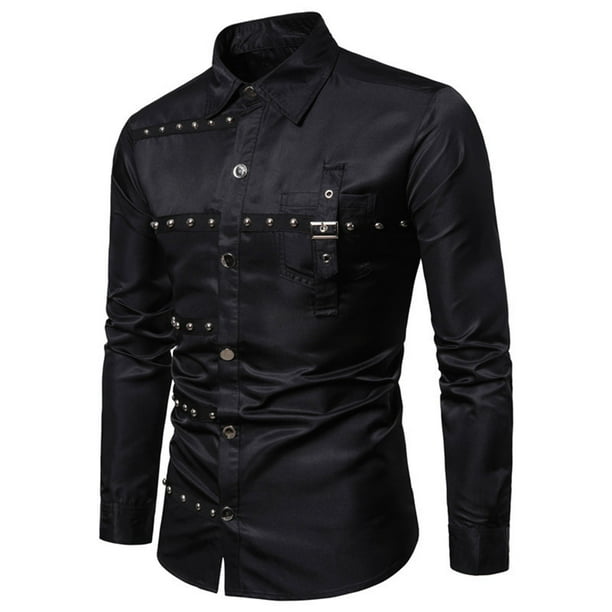 pstuiky hombres de manga larga, Camisa de manga larga con solapa y bolsillo con botones de color liso estilo gótico para hombre Tops casuales para hombres m