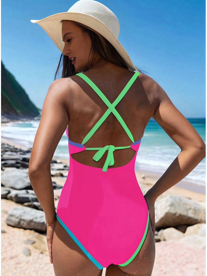 Women'S 2025 Tummy Control Swimsuits Neon Color Block Swimwear